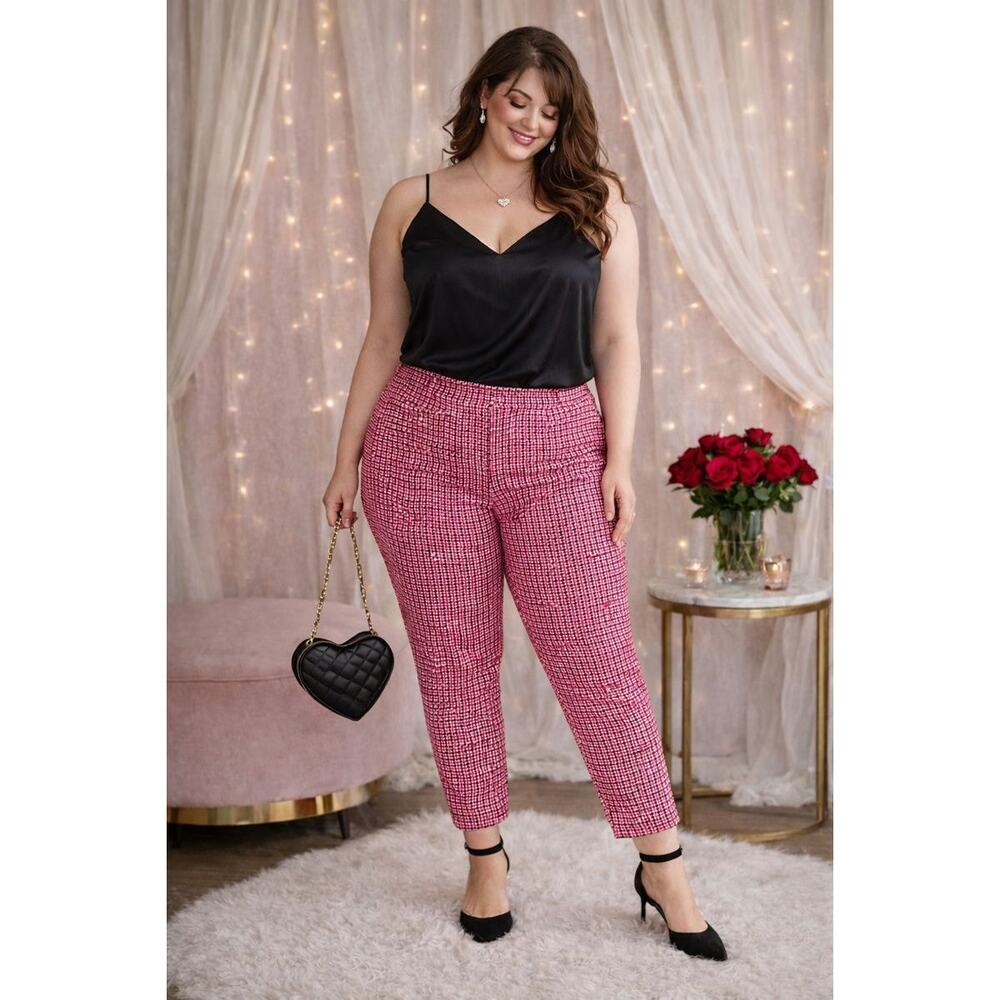 New Cato Plus Size 28W Hi-Rise Slim Pants Pink Red Houndstooth Plaid Valentine - Picture 2 of 16